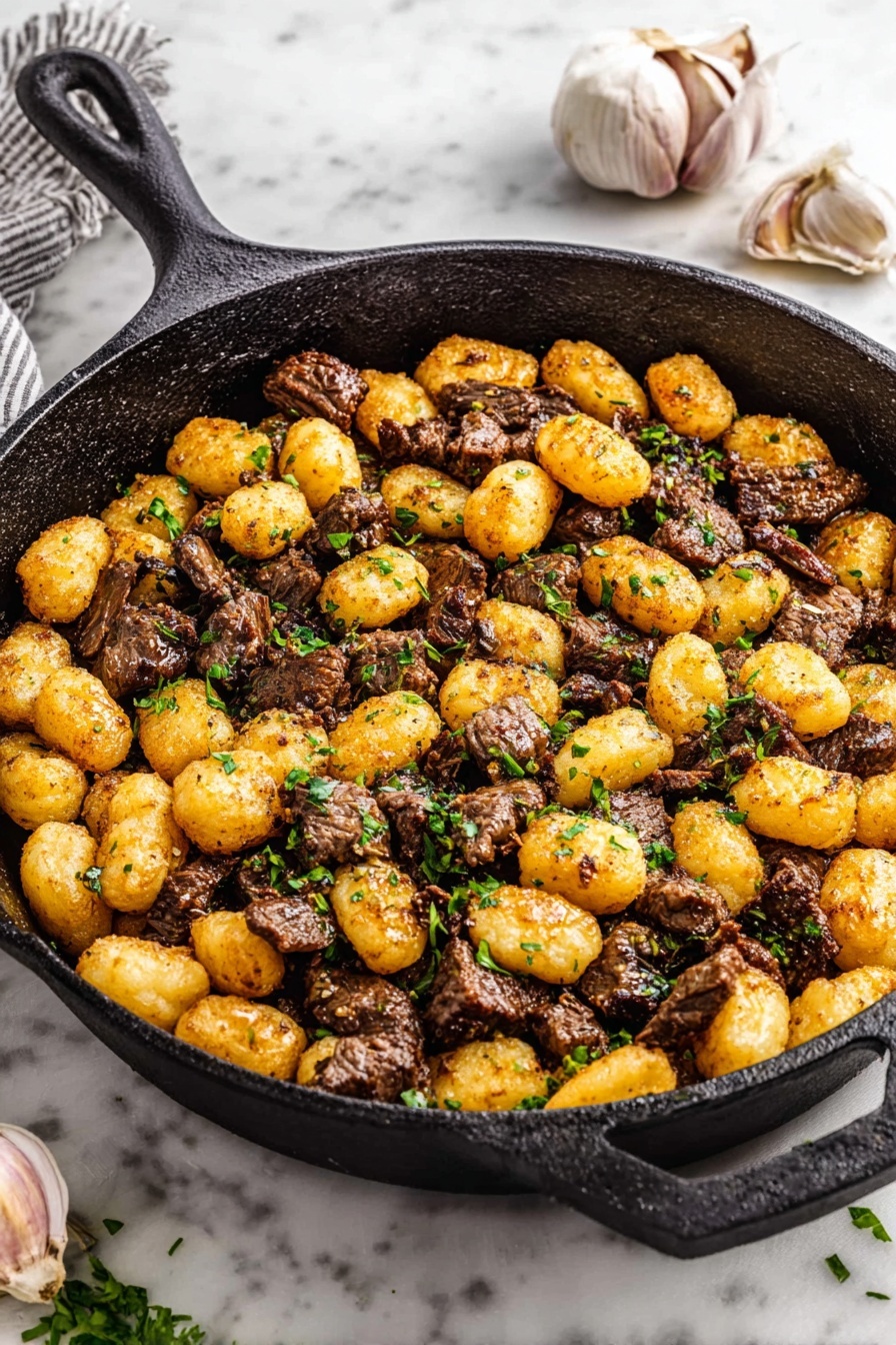 Steak Bites with Gnocchi and Parmesan, steak bites recipes, easy steak and gnocchi dishes, comforting dinner ideas, simple gourmet steak meals - A cast iron pan is filled with two main layers: the first layer is browned small gnocchi pieces that are golden with a slightly crisp texture, and the second layer is tender, dark brown bite-sized beef chunks mixed evenly with the gnocchi. Small green parsley pieces are scattered on top, adding a touch of freshness and color contrast. The pan is sitting on a white marbled surface, with a few garlic bulbs placed nearby. The image is bright and clear showing the food textures well. photo taken with an iphone --ar 2:3 --v 7