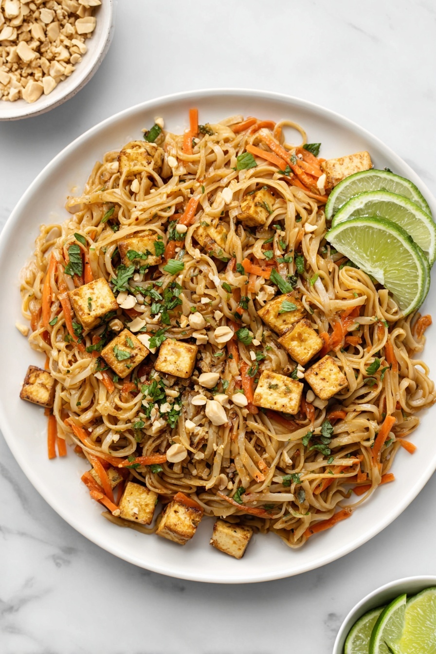 Vegan Pad Thai, vegan Thai noodles, plant-based Pad Thai, vegan noodle stir-fry, vegan Thai recipes - A white plate filled with three main layers: the bottom layer is light brown cooked noodles, mixed with thin orange carrot strips spread evenly; the middle layer has golden brown tofu cubes placed throughout the noodles; the top layer contains scattered green chopped herbs and crushed peanuts. On the right edge of the plate, there are two lime wedges resting on the noodles. The plate sits on a white marbled surface, with a small white bowl of extra lime wedges visible at the bottom right corner. photo taken with an iphone --ar 2:3 --v 7