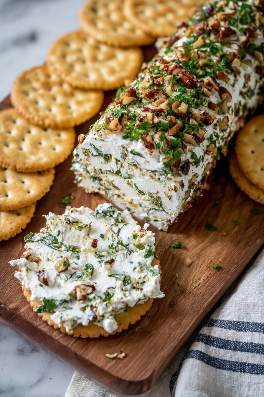 Garlic Herb Cheese Log, cheese ball recipe, flavorful cheese log, easy party appetizer, goat cheese herb roll - A long roll of soft white cheese covered with chopped green herbs and brown nut pieces sits on a wooden board. Surrounding it on both sides are round, light tan crackers with small holes on top. One cracker in the front holds a thick layer of the cheese spread mixed with herbs and nuts, showing a textured white and green speckled surface. The wooden board rests on a white marbled surface with a striped cloth partially visible on the bottom right. Photo taken with an iphone --ar 2:3 --v 7