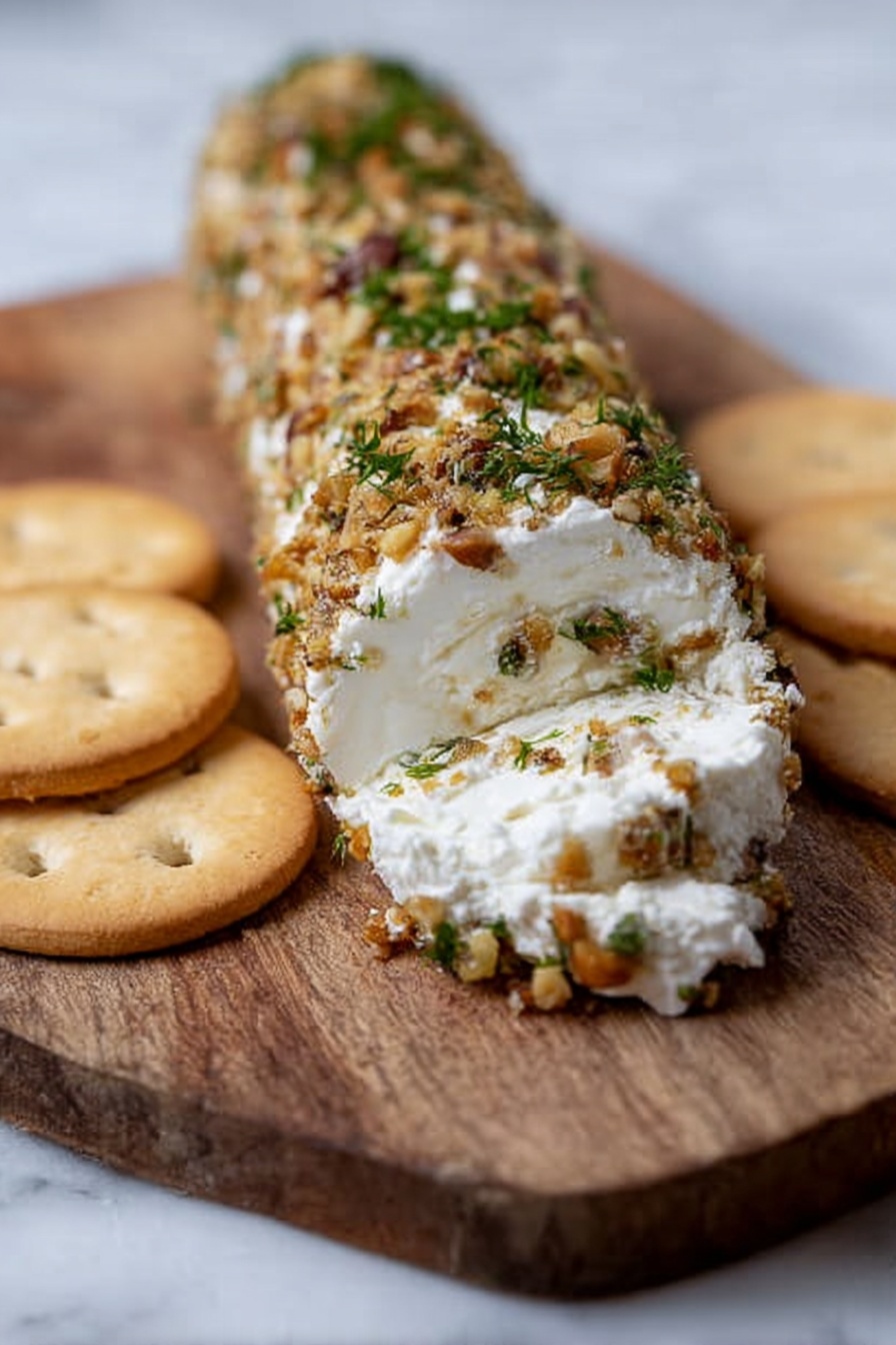 Garlic Herb Cheese Log, cheese ball recipe, flavorful cheese log, easy party appetizer, goat cheese herb roll - A close-up of a long cheese log on a wooden board with the front end showing soft white cheese with a fluffy texture. The log is covered with chopped nuts and green herbs, giving it a rough and crunchy outside. On each side of the cheese log, there are two round, light brown crackers with a smooth surface and small holes. The wooden board is resting on a white marbled surface that softly blurs in the background. Photo taken with an iphone --ar 2:3 --v 7