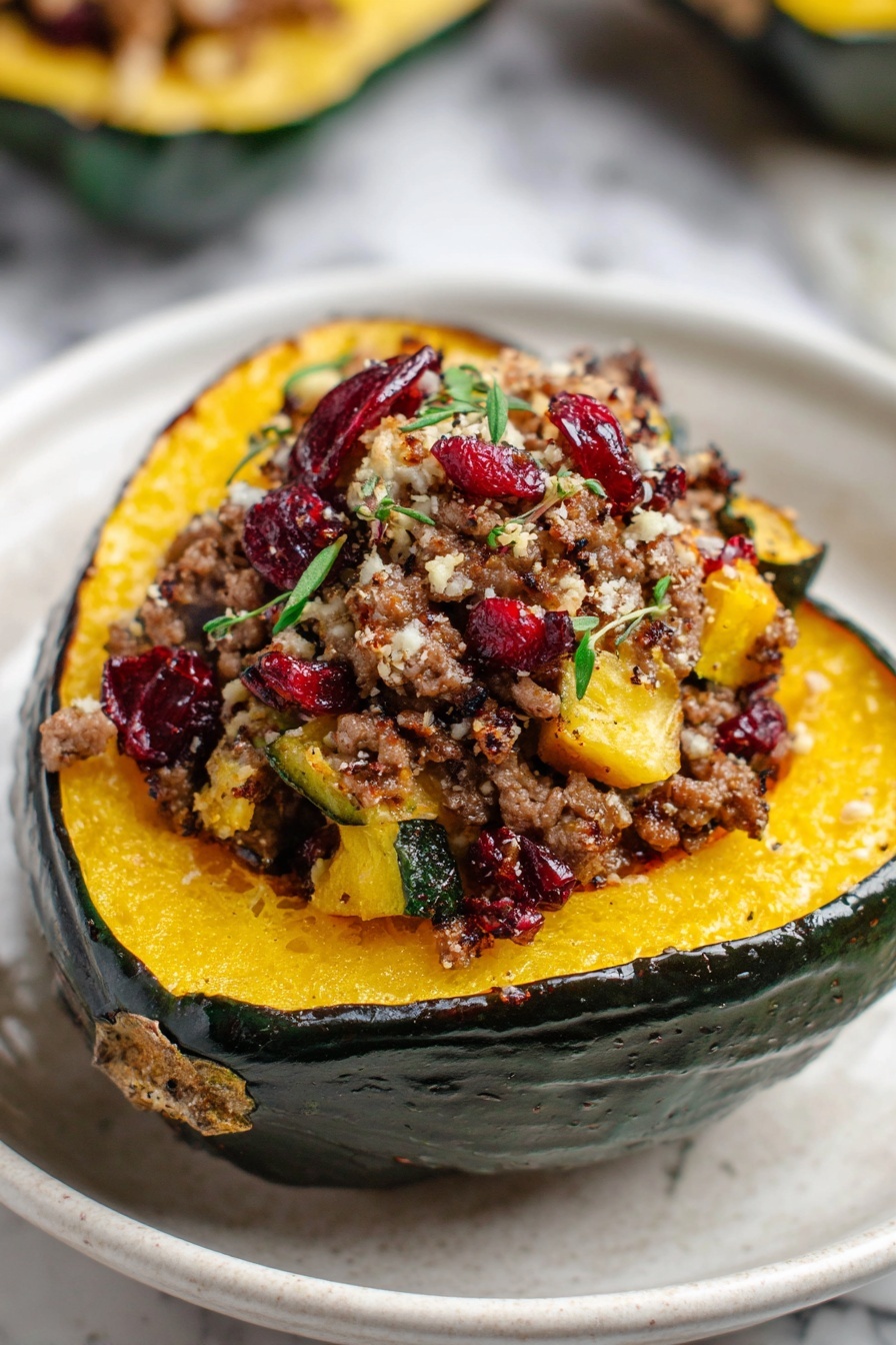 Stuffed Acorn Squash with Turkey, Apples, Cranberries, and Pecans, healthy stuffed acorn squash recipe, easy Thanksgiving squash dish, savory roasted acorn squash, fall comfort food - A halved acorn squash with deep green skin and bright yellow-orange soft flesh is placed on a white plate with a white marbled texture background. The squash is filled with a layered mixture: the bottom layer is the cooked squash flesh, topped with a crumbly mix of browned ground meat, small chunks of yellow vegetables, and bits of red dried cranberries. This is finished with a sprinkling of light toasted breadcrumbs and small green herb leaves scattered across the top. Photo taken with an iphone --ar 2:3 --v 7
