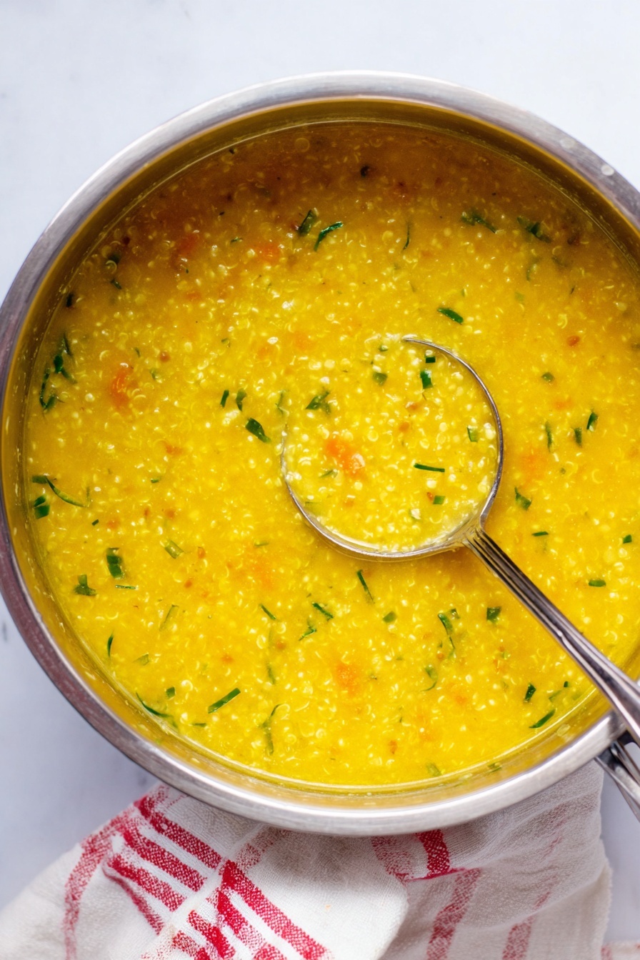 Italian Pastina Soup, Comforting Italian soup recipe, Easy pastina soup, Nourishing Italian broth soup, Simple pasta soup recipe - The image shows a silver pot filled with a thick, yellow soup that has a grainy texture and small green herbs scattered throughout. The soup looks warm and creamy with visible small bits of vegetables or grains. A silver ladle rests inside the pot, partially submerged in the soup and lifting some of it up. The pot is placed on a white marbled surface, and to the side, there is a white cloth with a red checkered pattern. The colors are warm and vibrant, with a clean and simple presentation. photo taken with an iphone --ar 2:3 --v 7