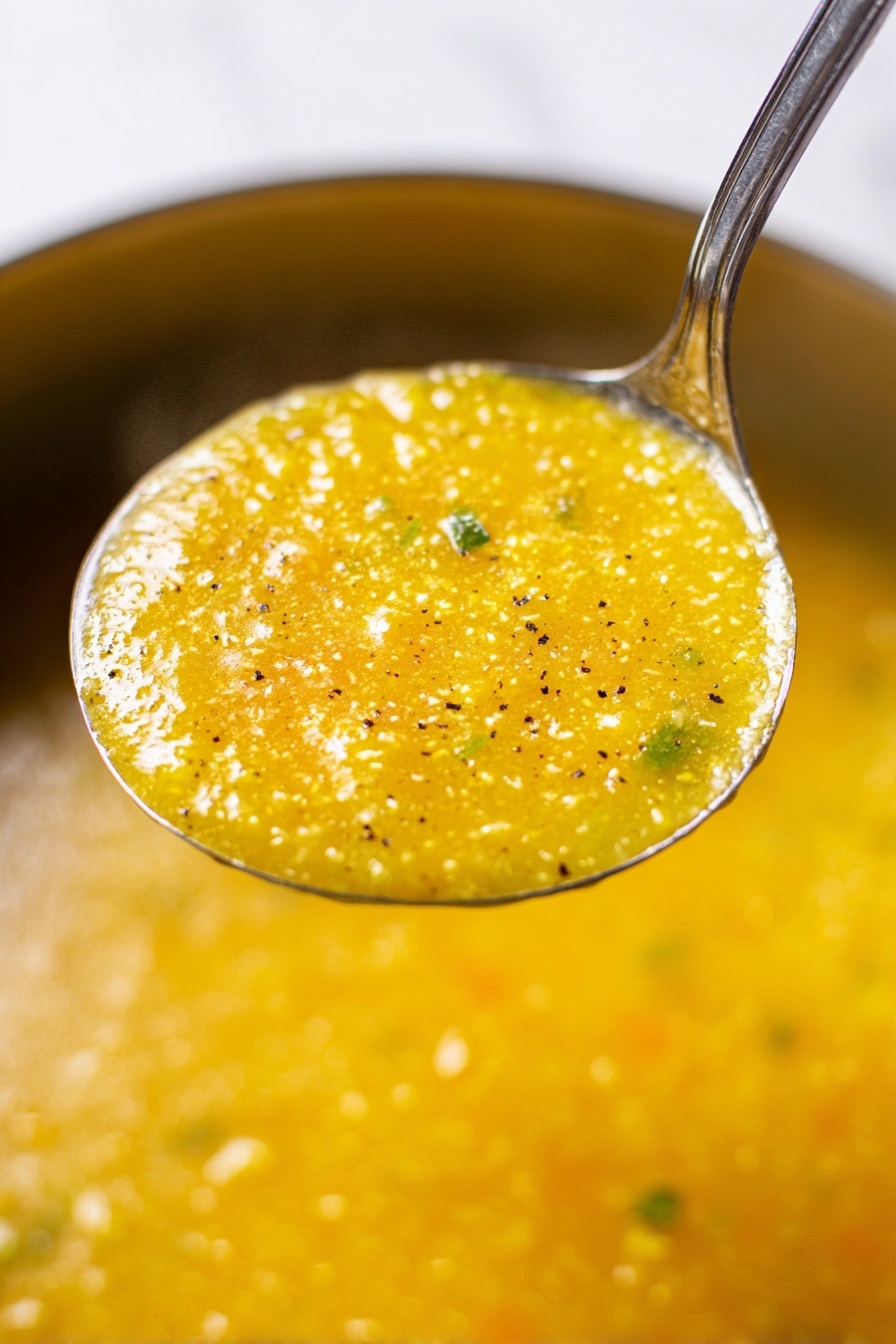 Italian Pastina Soup, Comforting Italian soup recipe, Easy pastina soup, Nourishing Italian broth soup, Simple pasta soup recipe - A close-up view of a shiny silver ladle holding a thick, yellow-orange soup with small bits of green herbs and a slightly grainy texture, shimmering with a light oily layer on top and tiny specks of black pepper sprinkled evenly. The ladle is held above a large pot filled with the same soup, which has a smooth but slightly chunky consistency with steam rising gently. The background is a white marbled texture. photo taken with an iphone --ar 2:3 --v 7
