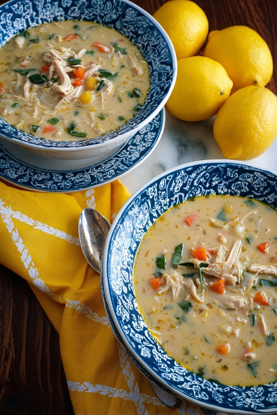Lemon Chicken & Spaetzle Soup, lemon chicken soup, spaetzle soup recipe, comforting chicken soup with lemon, homemade spaetzle dumplings - Two white bowls with blue patterns hold thick creamy soup with visible chunks of shredded light beige chicken, small orange carrot pieces, green herbs, and bits of other vegetables, all mixed into a beige broth. The bowls are placed on a bright yellow cloth with white cross patterns, lying on a dark wooden surface next to three shiny yellow lemons. A silver spoon rests on the yellow cloth near the top right bowl. The background is a white marbled texture. photo taken with an iphone --ar 2:3 --v 7