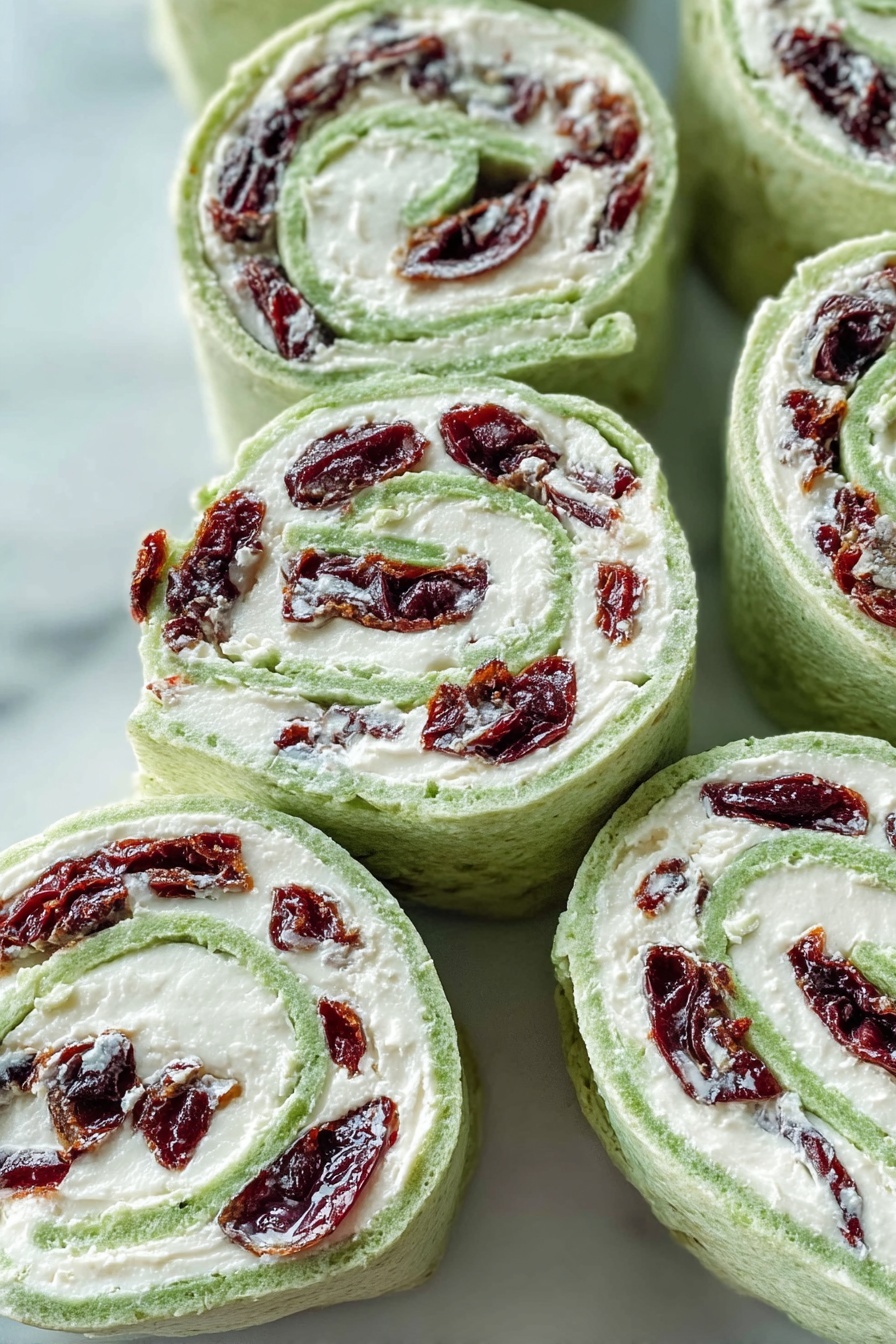 Cranberry Feta Spinach Tortilla Pinwheels, festive appetizer ideas, easy party snacks, healthy vegetable roll-ups, quick appetizer recipes - The image shows several spiral pinwheel wraps arranged closely on a white marbled surface. Each wrap has three visible layers: the outer layer is a light green soft flatbread, the middle layer is a thick white creamy filling, and the innermost layer consists of dark red dried fruit pieces evenly spread throughout. The wraps are sliced to show the spiral pattern clearly, with the green flatbread curling around the white filling and red fruit in a tight spiral. The texture of the flatbread looks soft and slightly porous, while the filling is smooth and creamy. Photo taken with an iphone --ar 2:3 --v 7