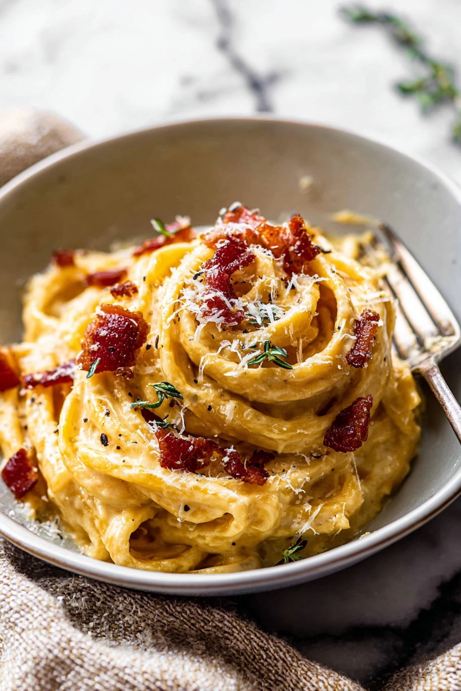 Creamy Roasted Garlic Butternut Squash Pasta, roasted garlic butternut squash pasta, fall vegetarian pasta, cozy butternut squash pasta, creamy vegan pasta - A close-up of thick pasta twirled into three swirled layers in a white bowl, covered with creamy, light yellow sauce with a smooth texture; scattered on top are small pieces of crispy deep red bacon and thin green herbs, sprinkled lightly with fine white cheese. A silver fork rests at the bowl's edge, and the background is a white marbled surface with a soft textured cloth nearby. photo taken with an iphone --ar 2:3 --v 7
