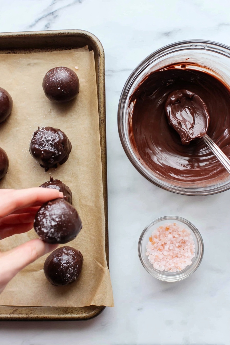 Healthy Cocoa Date Truffles, healthy chocolate treats, nutritious date balls, best guilt-free desserts, simple wholesome snacks - The image shows a baking tray lined with light brown parchment paper holding four round chocolate balls placed unevenly, each with a glossy dark brown chocolate coating that looks smooth and slightly shiny, with one having a rough texture and some chocolate smudging around it. Next to the tray on a white marbled surface, there is a clear glass bowl filled with thick, dark brown melted chocolate with a large spoon resting inside it, the chocolate appearing creamy and rich. Below the bowl, there is a small clear container filled with light pink coarse salt, and a woman's hand is seen pinching some salt over the chocolate balls. Photo taken with an iphone --ar 2:3 --v 7