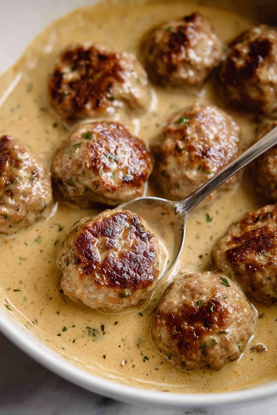 Lemon Sauce Meatballs, lemon meatballs with lemon sauce, tangy meatball recipe, flavorful lemon meatballs, easy lemon meatballs - The image shows a close-up of several browned meatballs in a light tan creamy sauce inside a white bowl, with the meatballs having a textured, slightly crispy and browned surface. The sauce around them is smooth, speckled with small herbs and spices, filling the gaps between the meatballs. There is a silver spoon placed among the meatballs, partially submerged in the sauce. The scene is set on a white marbled surface. photo taken with an iphone --ar 2:3 --v 7