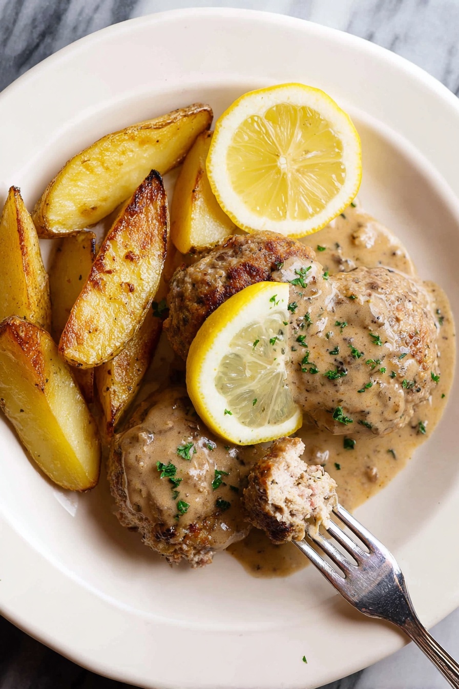 Lemon Sauce Meatballs, lemon meatballs with lemon sauce, tangy meatball recipe, flavorful lemon meatballs, easy lemon meatballs - A white plate with three round meat patties covered in light brown sauce with herbs sprinkled on top, positioned on the right side with a lemon wedge resting on the top patty; next to them on the left side are golden roasted potato wedges with some herbs on them; a fork is pulling a piece from the front patty, showing the soft inside of the meat, all set against a white marbled surface. photo taken with an iphone --ar 2:3 --v 7
