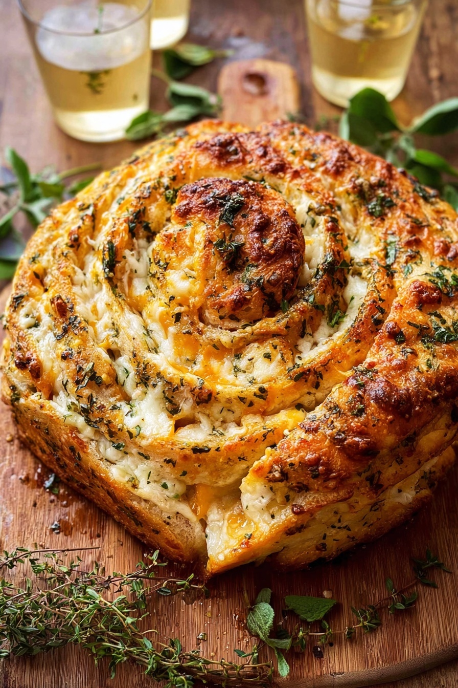 Garlic Herb Cheddar Cheese Bread, cheesy bread, garlic bread recipe, herb bread, cheesy garlic bread - A round, spiral-shaped bread with multiple layers, each layer showing a mix of melted yellow and white cheese with visible herbs sprinkled on top. The bread crust is golden brown with some areas darker and crisp. Fresh green herb sprigs are scattered on the bread’s surface, adding color contrast. The bread sits on a wooden surface with glasses filled with a light drink around it, and some green leaves near the top and bottom edges. photo taken with an iphone --ar 2:3 --v 7
