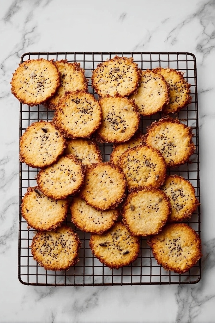 Cottage Cheese Chips, Healthy Protein Snacks, Crunchy Cottage Cheese Snacks, Easy Snack Recipes, Low-Calorie Snack Ideas - A black metal cooling rack sits on a white marbled surface, holding 20 thin, round cookies with uneven edges. Each cookie is golden brown with darker, crispy edges, and has small black seeds sprinkled on top, mostly in the center. The cookies vary slightly in size and shape, creating a natural, homemade look. The lighting is bright and soft, showing the texture of the cookies clearly. photo taken with an iphone --ar 2:3 --v 7