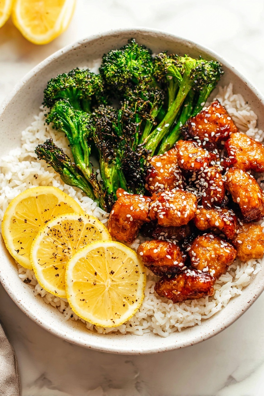 Sticky Honey Lemon Chicken, honey lemon chicken, quick weeknight dinner, easy chicken recipes, tangy glazed chicken - A white bowl sits on a white marbled surface, filled with a base layer of fluffy white rice topped with golden-brown pieces of glazed chicken sprinkled with white sesame seeds in the center. To one side, there are bright green broccoli florets, lightly charred and fresh in texture. On the opposite side of the broccoli, three thin slices of yellow lemon rest on the rice, lightly seasoned with black pepper. The whole dish looks vibrant and well balanced. Photo taken with an iphone --ar 2:3 --v 7