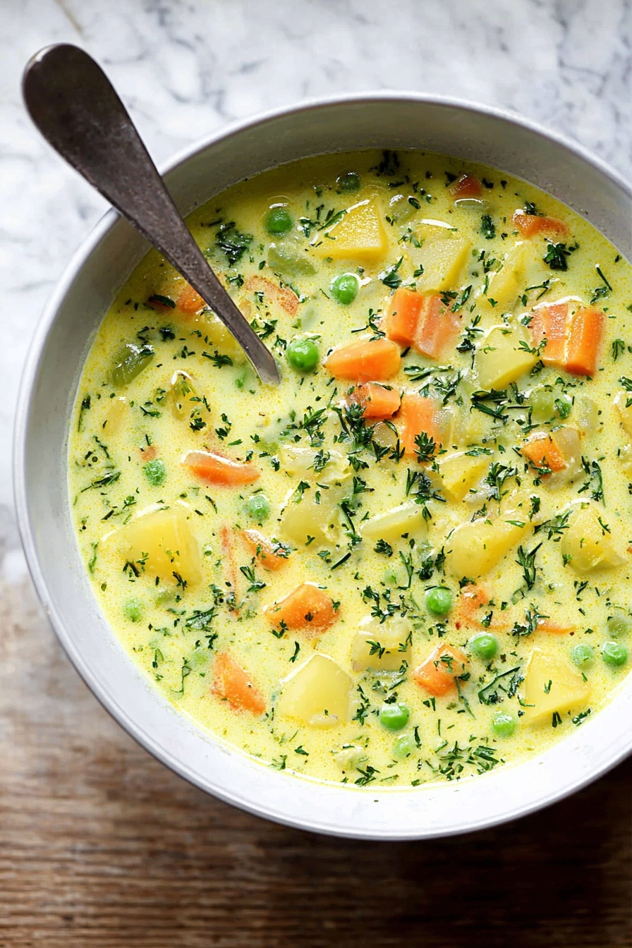 Polish Dill Soup, Polish dill soup recipe, easy Polish soup, comforting Polish soups, dill soup with sour cream - A white bowl filled with creamy yellow-green soup that has visible small chopped layers of orange carrots, light yellow potatoes, and green peas mixed throughout. The soup has specks of fresh green herbs sprinkled evenly on top. A silver spoon rests inside the bowl with its handle pointing up and leaning slightly to the right. The bowl sits on a white marbled textured surface. photo taken with an iphone --ar 2:3 --v 7