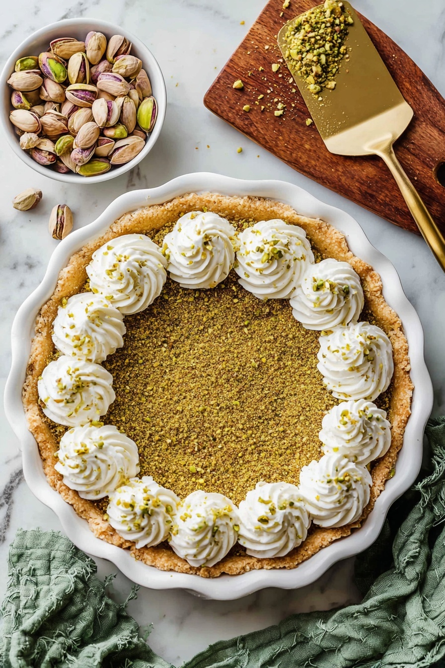 Pistachio Custard Pie, pistachio dessert, nutty pie recipe, creamy custard pie, easy pistachio pie - A close-up view of a pie in a white dish with a thick, golden-brown, crumbly crust around the edge. The pie filling is light green and smooth, topped with a thick ring of white whipped cream swirled in large loops and sprinkled with crushed green nuts. The dish is on a white marbled surface with a small dark brown bowl filled with crushed green nuts nearby. Photo taken with an iphone --ar 2:3 --v 7