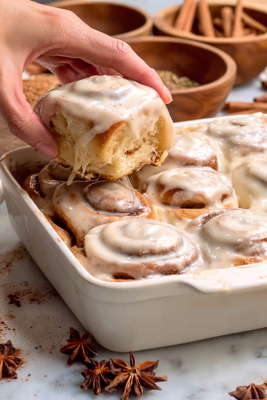 Chai Cinnamon Rolls with Caramel Sauce, chai cinnamon roll recipe, caramel chai rolls, weekend breakfast comfort, cozy chai dessert - A close-up view of a white rectangular dish filled with four soft cinnamon rolls, each covered in thick, creamy icing with a smooth and slightly speckled texture. A woman's hand is lifting one cinnamon roll from the dish, showing the light brown swirled dough underneath the thick icing that drapes over the sides. The cinnamon rolls have a light golden brown color and soft, fluffy texture. In the background on a white marbled surface are small wooden bowls filled with star anise, cinnamon sticks, and ground cinnamon, adding warm, rustic tones to the scene. photo taken with an iphone --ar 2:3 --v 7