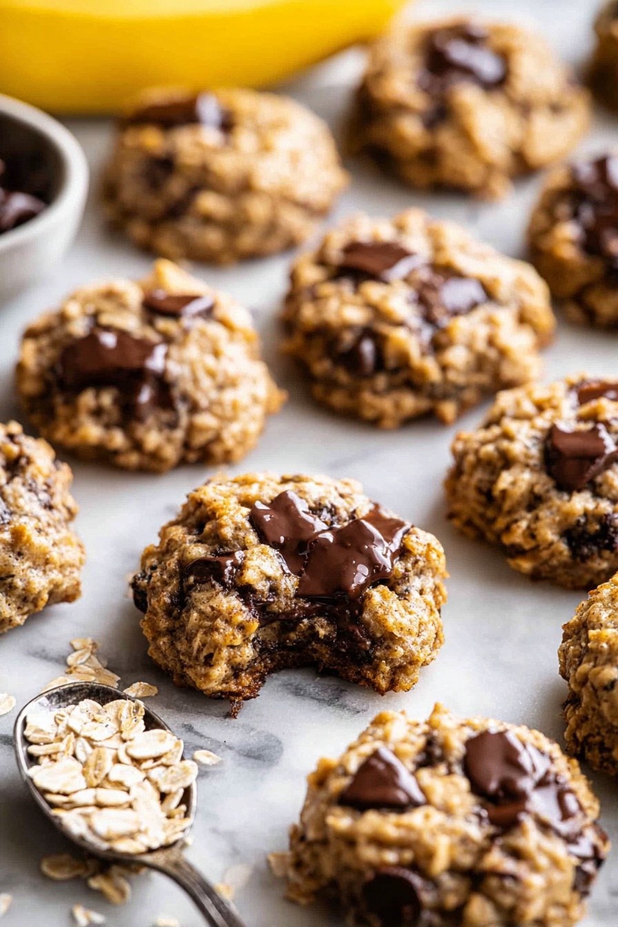 Banana Oatmeal Cookies, healthy banana cookies, easy oatmeal cookies, nutritious banana cookies, quick breakfast cookies - The image shows a group of round, chunky oatmeal cookies with chocolate chips, arranged in loose rows on a white marbled surface. Each cookie has a rough texture with visible oats and melted dark brown chocolate pieces spread throughout. One cookie in the center is open, showing gooey melted chocolate inside, contrasting with the light brown and tan color of the oats. In the background, a yellow banana is slightly out of focus, and in the front left corner, a metal spoon holds some loose oats. The cookies have a dense, hearty look with slightly uneven shapes. photo taken with an iphone --ar 2:3 --v 7
