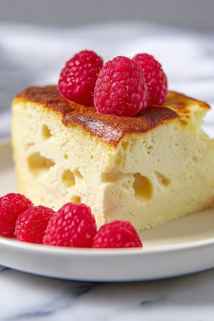 Custard Bread Pudding with Vanilla Sauce, decadent bread pudding, easy bread pudding dessert, creamy custard bread pudding, vanilla sauce dessert - A thick, square slice of light yellow custard cake with a slightly browned top layer sits on a white plate. The cake shows a soft, airy texture with small holes and swirls inside. On top of the cake are several bright red raspberries with a textured surface. Around the base of the cake on the plate are a few more raspberries. The plate is set on a white marbled surface. photo taken with an iphone --ar 2:3 --v 7