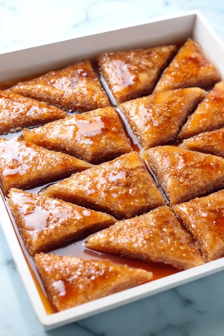 Gluten-Free Greek Honey Cake, Greek Honey Cake, Gluten-Free Cake, Honey Cake Recipe, Greek Dessert - A square tray filled with golden brown pastry cut into eight triangular pieces, each piece covered with a shiny, thick syrup that glistens under the light. The pastry has a slightly rough texture, visible around the edges of each cut. The tray is white, placed on a white marbled surface, creating a clean and bright background. The syrup pools slightly in the crevices between the sliced pieces, emphasizing the soft layers of the dessert photo taken with an iphone --ar 2:3 --v 7