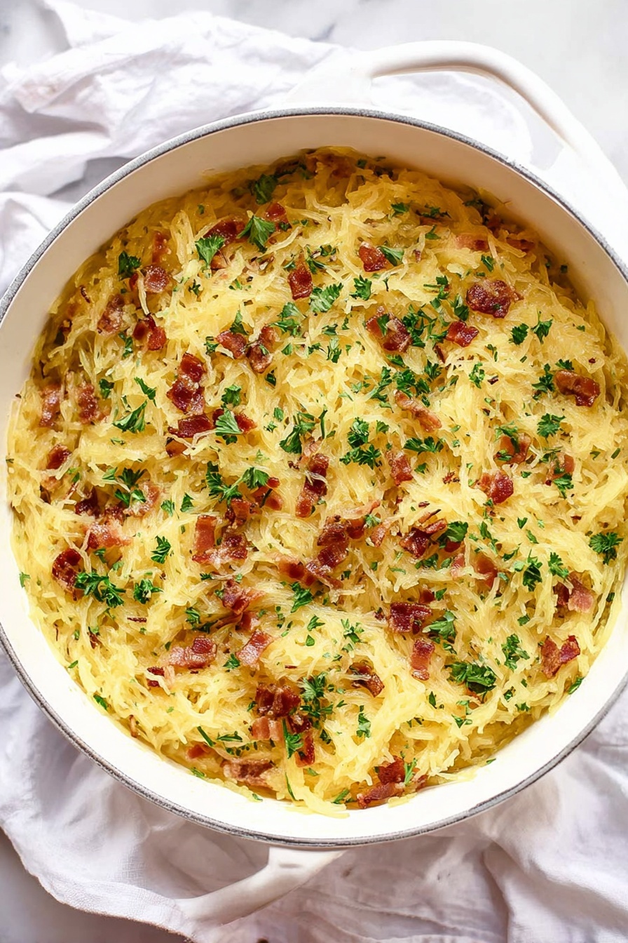 Spaghetti Squash Carbonara, low-carb spaghetti squash dish, healthy comfort food recipes, veggie-packed pasta alternatives, creamy egg and parmesan sauce - The image shows a close-up of a creamy spaghetti squash dish in a white bowl with visible strands of golden yellow squash mixed with small pieces of brown bacon. The top layer is covered with melted light yellow cheese and sprinkled with chopped green parsley. A silver fork, held by a woman's hand at the upper right corner, is twirling the strands of squash and cheese, creating a textured and tangled appearance. The background is a white marbled surface. Photo taken with an iphone --ar 2:3 --v 7