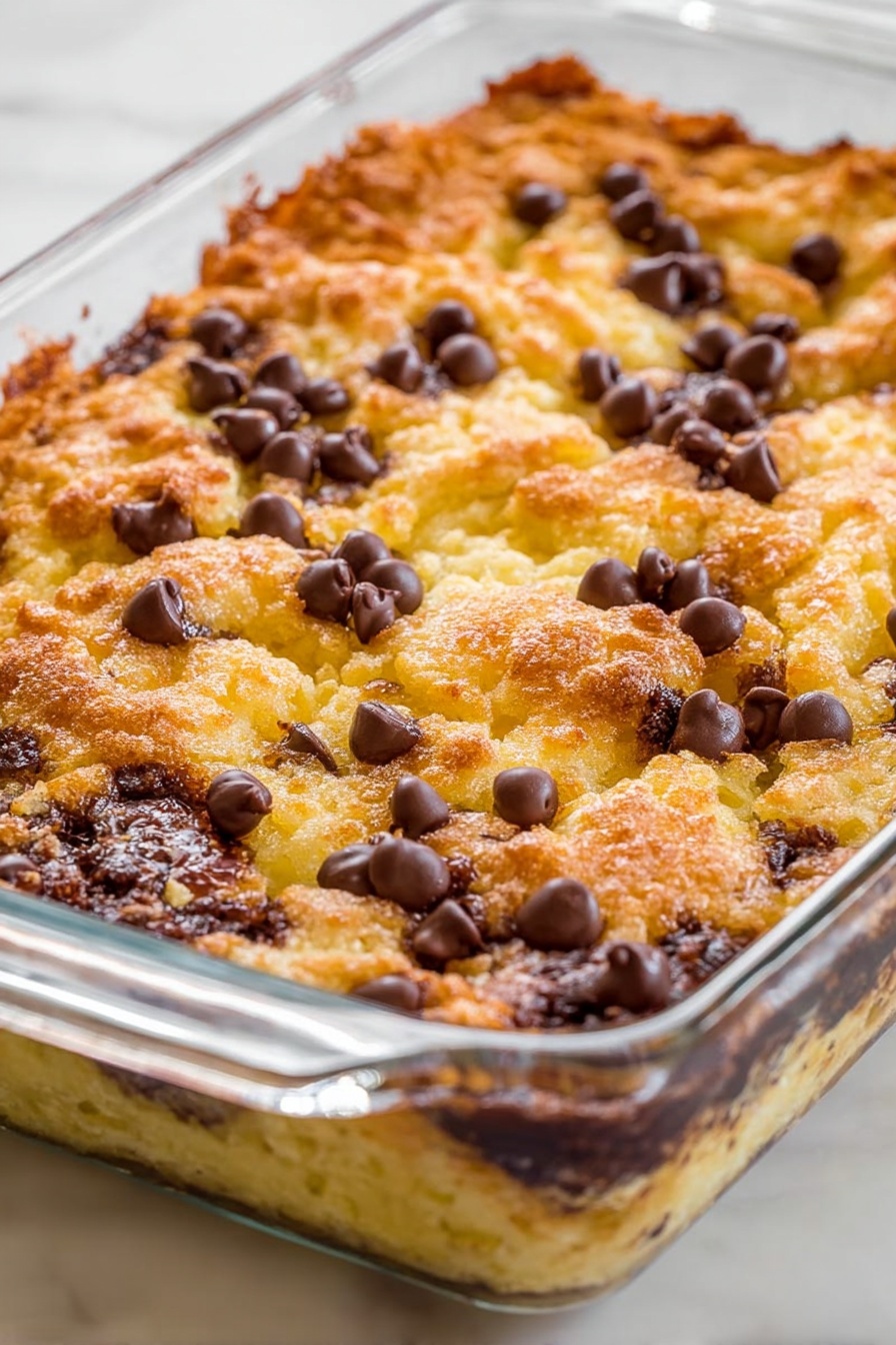 Chocolate Croissant Bake, chocolate pastry casserole, easy breakfast bake, brunch dessert recipe, baked croissant pudding - A glass baking dish filled with a baked dessert that has a golden brown, textured top layer with uneven peaks and edges. Scattered on the surface are many semi-melted dark brown chocolate chips, creating contrast with the lighter yellowish-golden crust. The sides of the dish reveal a slightly gooey, darker under layer peeking through, while the top has a crispy, bubbly look. The whole dish sits on a white marbled surface. photo taken with an iphone --ar 2:3 --v 7