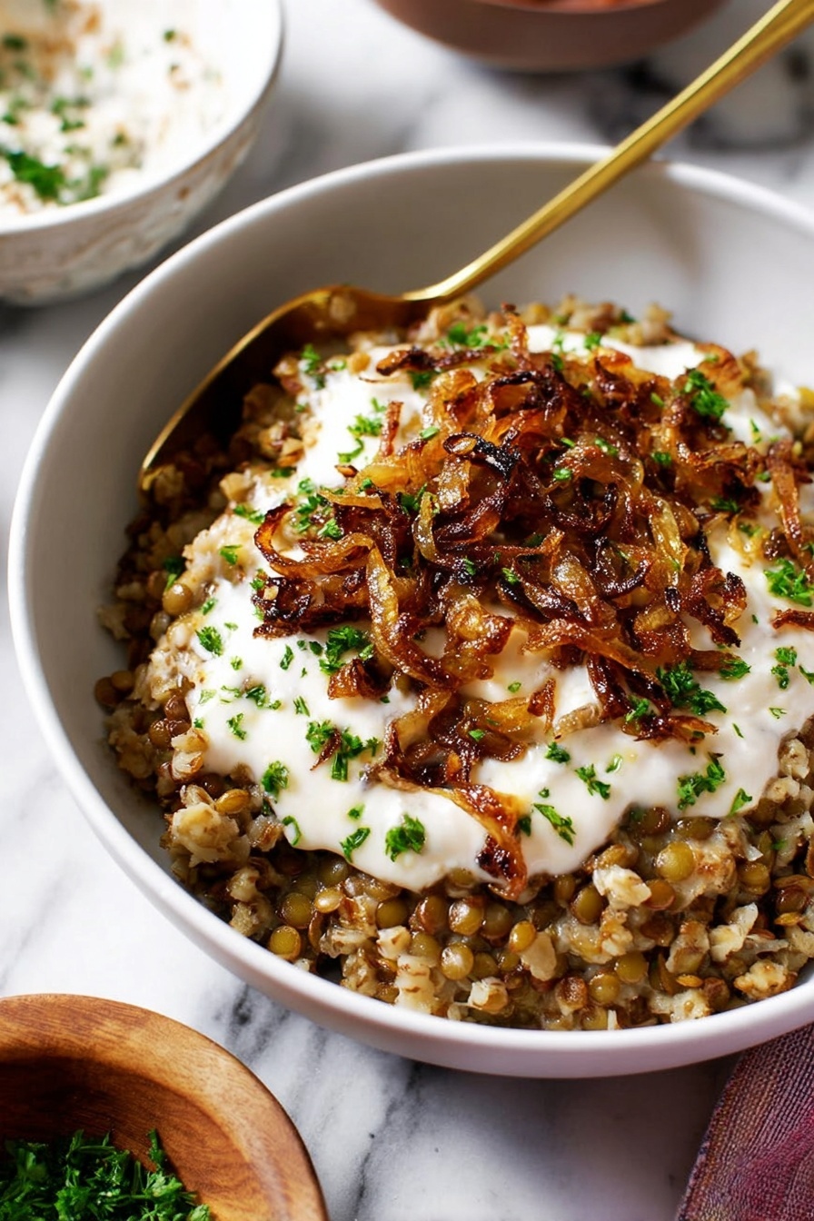 Easy Mujadara Lentils and Rice, Middle Eastern lentil and rice dish, hearty vegetarian meal, caramelized onion recipes, simple lentil recipes - A white bowl filled with three distinct layers: the bottom layer is a mix of cooked lentils and bulgur, showing a textured, brownish-green color; the middle layer is a thick, creamy white sauce spread unevenly on top; and the top layer consists of caramelized golden-brown onions scattered with small chopped green herbs. There is a gold spoon resting inside the bowl partly covered by the layers. The bowl sits on a white marbled surface with blurred background elements including a white bowl with a brown rim and a small wooden bowl with green herbs. Photo taken with an iphone --ar 2:3 --v 7