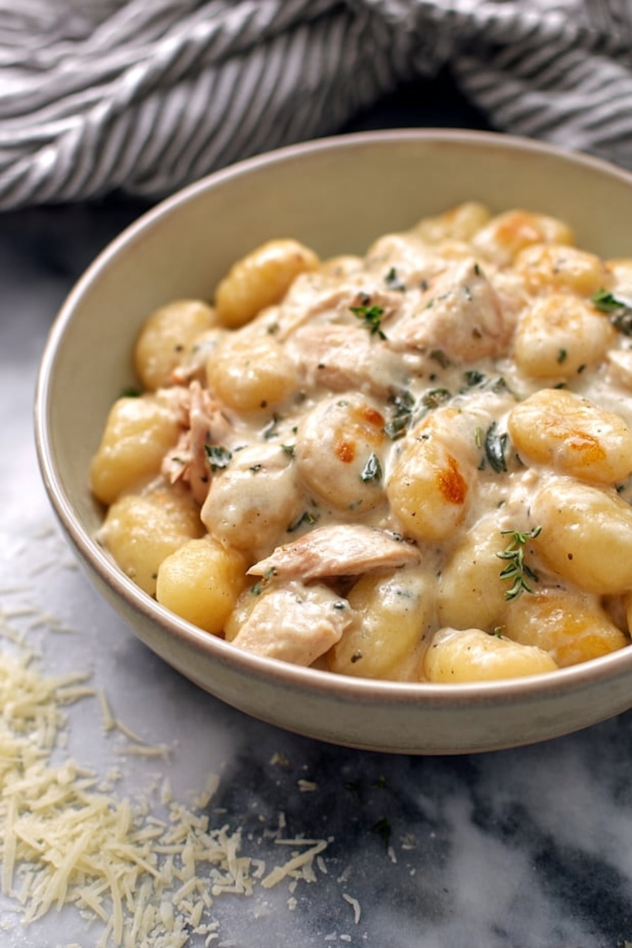 Creamy Chicken Gnocchi Skillet, chicken and gnocchi dinner, easy creamy chicken skillet, one-pan chicken gnocchi, quick comfort food recipes - The image shows a close-up of a white bowl filled with creamy gnocchi mixed with pieces of cooked chicken. The gnocchi are small, round, light yellow, and soft looking, coated in a smooth, thick white cream sauce with small herbs scattered throughout. The chicken pieces are light brown, tender, and mixed evenly among the gnocchi. The bowl rests on a white marbled surface with some grated cheese scattered around it. A striped cloth is blurred in the background. photo taken with an iphone --ar 2:3 --v 7