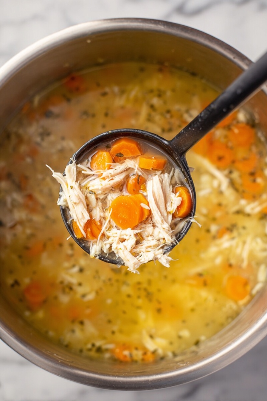 Lemon Chicken Soup with Orzo, Lemon Chicken Soup, Chicken and Orzo Soup, Bright Chicken Soup, Comforting Lemon Soup - A black ladle holding a scoop of soup with shredded pale chicken pieces and bright orange carrot slices over a pot of broth with more shredded chicken and carrot pieces floating in it. The broth is clear light yellow with small bits of chicken and carrots spread throughout, inside a stainless steel pot, all set on a white marbled surface. Photo taken with an iphone --ar 2:3 --v 7