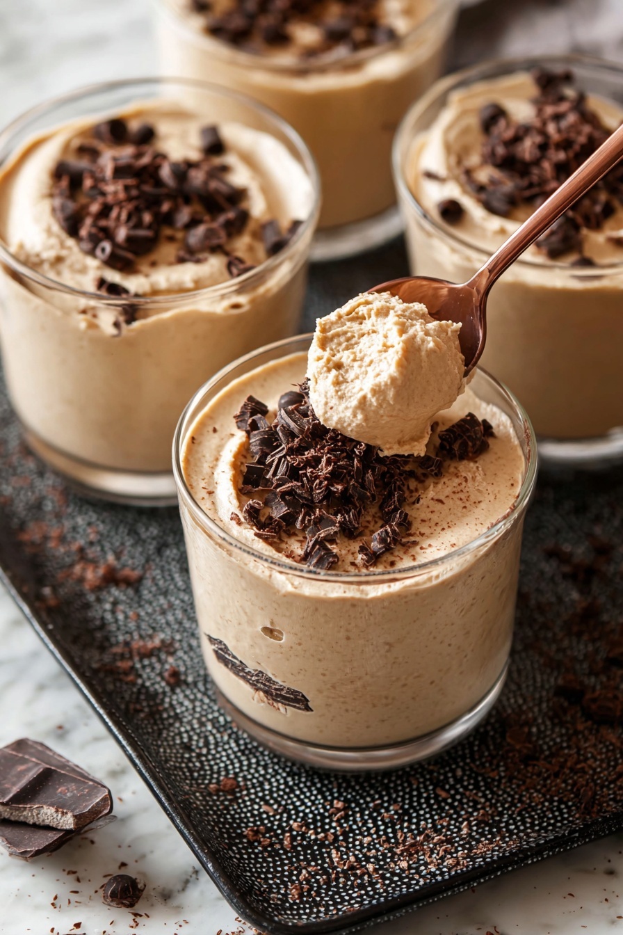 Coffee Mousse, Coffee Mousse Recipe, Coffee Dessert, Easy Coffee Mousse, Creamy Coffee Dessert - The image shows three clear glass cups filled with light brown mousse, each topped with small dark brown chocolate curls. The mousse has a smooth, creamy texture with some darker bits inside. One cup in the front has a small dip in the middle, where a copper spoon holding a scoop of the mousse is placed near the top edge. The cups sit on a black textured tray on a white marbled surface, with some chocolate curls scattered around. The scene is bright and close up, focusing on the silky mousse and shiny chocolate curls. photo taken with an iphone --ar 2:3 --v 7