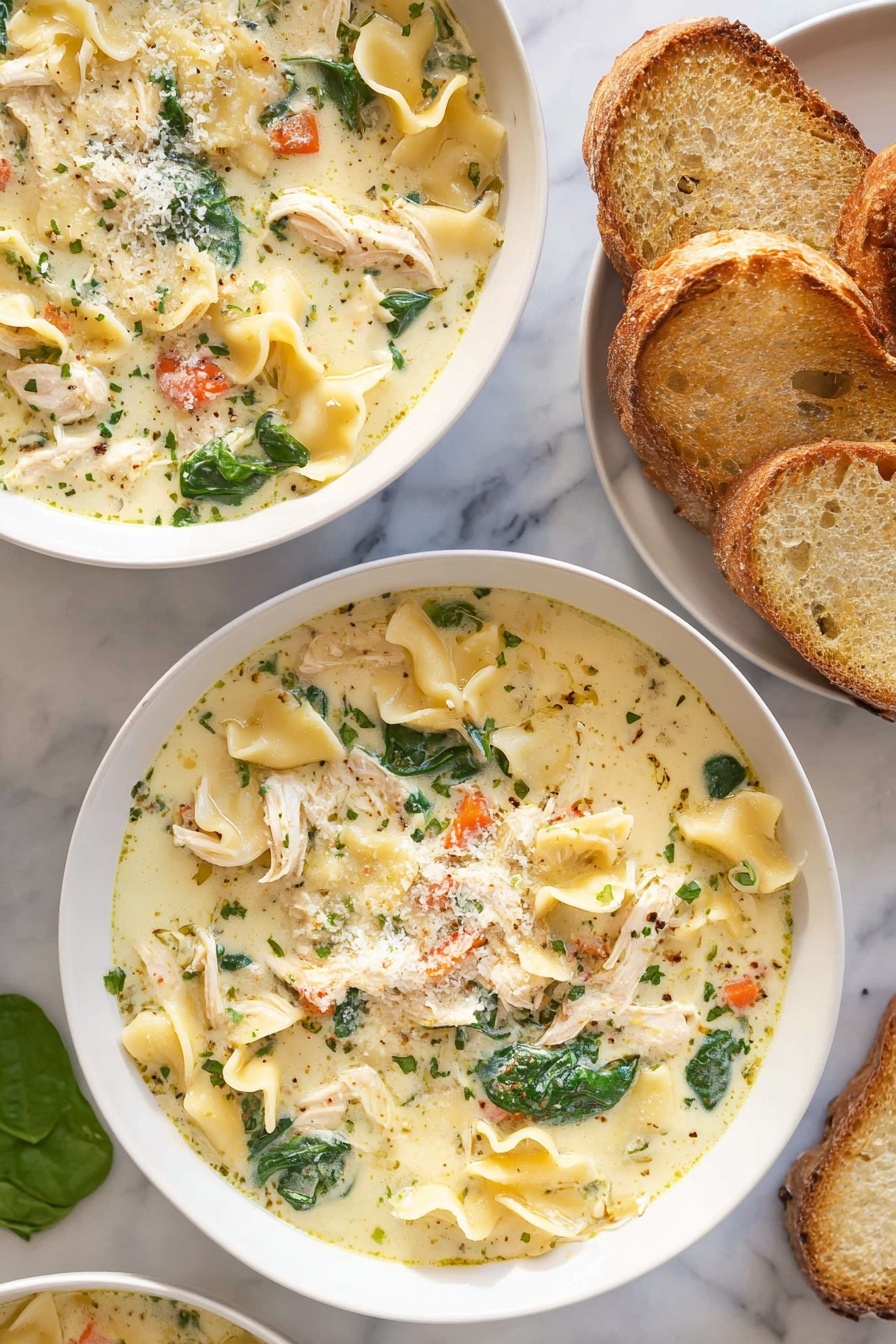 White Lasagna Soup, White Lasagna Soup recipe, creamy lasagna soup, easy lasagna soup, comforting chicken lasagna soup - The image shows two white bowls filled with a creamy soup that has wide, curly-edged pasta, shredded chicken, spinach leaves, small pieces of orange carrot, and a sprinkle of grated cheese on top. The soup is thick and light yellow in color with flecks of herbs throughout. To the right side of the bowls, there are slices of toasted bread with a golden crust placed on a white marbled surface. The overall scene is bright with soft natural lighting emphasizing the texture of the soup and bread. photo taken with an iphone --ar 2:3 --v 7