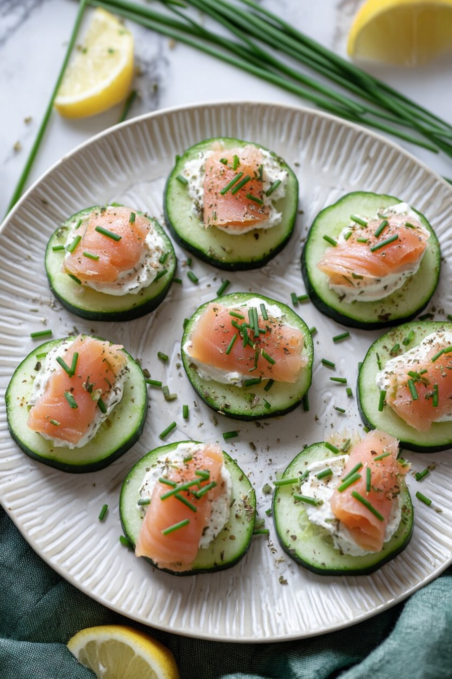 Smoked Salmon Cucumber Bites, smoked salmon appetizer, cucumber canapés, easy finger foods, elegant snack ideas - This image shows eight cucumber slices arranged in a circle on a white textured plate. Each cucumber slice forms the base layer, dark green on the outside and pale green in the middle. On top of each slice is a thick layer of white creamy spread, smooth and soft in texture. Small pieces of light pink smoked salmon are laid over the spread on every slice, each piece slightly folded and garnished with finely chopped green chives and a little black pepper. The plate is set on a white marbled surface with some scattered fresh green chives and lemon wedges placed around the plate. A green cloth napkin is softly draped in the background. Photo taken with an iphone --ar 2:3 --v 7