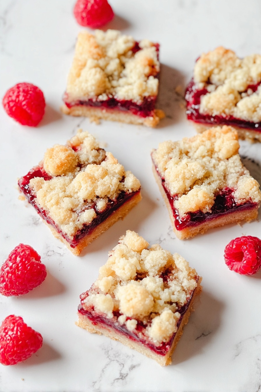 Raspberry Jam Bars, Easy Raspberry Dessert, Jam Bar Recipe, Sweet Raspberry Bars, Buttery Jam Bars - Five square pieces of raspberry crumble bars are placed on a white marbled surface. Each bar has three layers: a light golden brown base, a thick dark red raspberry jam middle, and a crumbly pale yellow topping with large crumbs unevenly spread. Around the bars, several fresh red raspberries add bright pops of color, contrasting with the soft texture of the bars. The light shines softly, showing the crumbly texture and juicy filling clearly. photo taken with an iphone --ar 2:3 --v 7