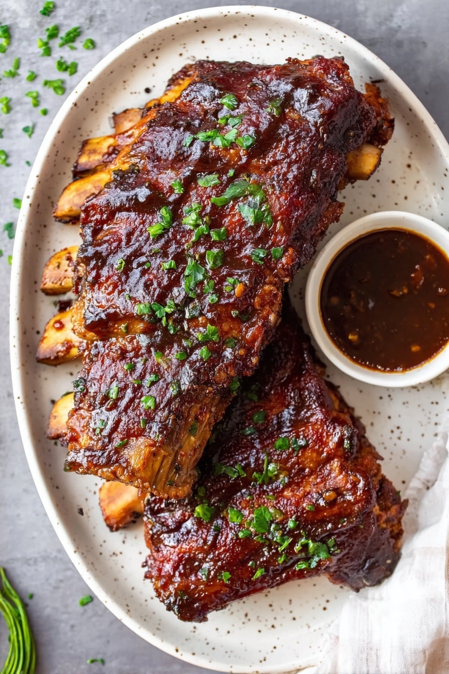 Crockpot Ribs, slow cooker ribs, tender rib recipe, easy ribs recipe, melt-off-the-bone ribs - A white plate with several pieces of ribs covered in a shiny, dark brown barbecue sauce, sprinkled with small green herb pieces. One piece is being held by a woman's hand on the right side, showing its inside texture where the meat looks soft and tender with a caramelized surface. A small white bowl with more sauce is located near the ribs on the right side. The background is a blurred white marbled surface. Photo taken with an iphone --ar 2:3 --v 7