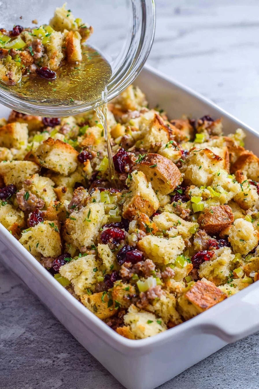 Sausage Cranberry Stuffing, holiday stuffing with sausage, festive cranberry stuffing, savory sausage stuffing recipe, easy holiday stuffing - A white rectangular baking dish filled with a mixture of light golden bread pieces, green celery bits, small pieces of cooked sausage, and dark red dried cranberries. The mixture has a crumbly texture with some moist chunks, and green herbs are scattered throughout. A clear glass bowl is tilted above the dish, pouring the mixture in. The background is a white marbled surface. Photo taken with an iphone --ar 2:3 --v 7