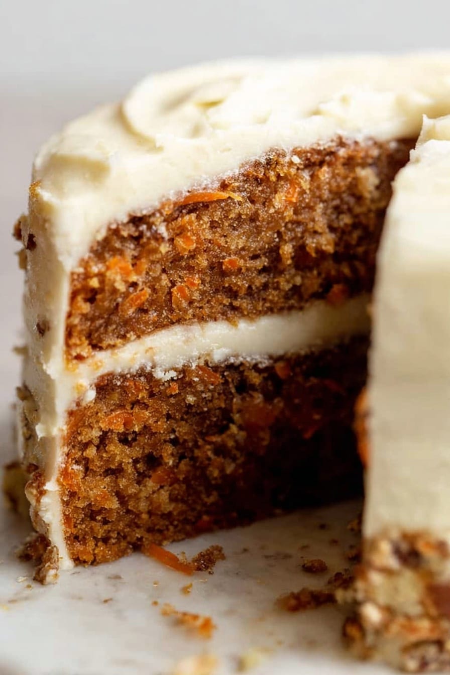Classic Carrot Cake with Cream Cheese Frosting, moist carrot cake recipe, easy carrot cake, homemade carrot cake with cream cheese frosting, festive carrot cake dessert - A two-layer carrot cake with thick layers of creamy white frosting between and around the cake layers. The carrot cake is brown with visible bits of carrot and nuts, showing a moist texture. The top layer of white frosting is smooth and slightly textured, wrapping around the edges of the cake. The cake is resting on a white marbled surface, with a slice missing, showing the inside clearly. Photo taken with an iphone --ar 2:3 --v 7
