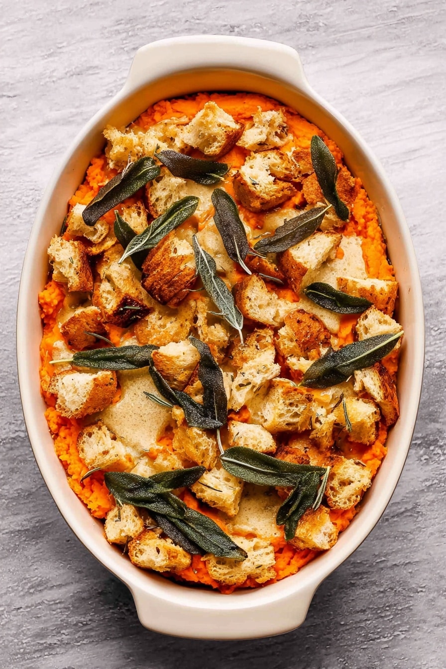 Savory Sweet Potato Casserole with Sage and Parmesan, sweet potato casserole, savory potato side dish, sage and Parmesan recipes, holiday sweet potato side - The image shows a white oval dish filled with a smooth, bright orange layer of mashed sweet potatoes topped with a layer of golden-brown, toasted bread chunks scattered unevenly across the surface. Mixed among the bread pieces are dark green, slightly crispy sage leaves. A metal spoon with a wooden handle rests on the edge of the dish, scooping some of the soft sweet potato layer. The dish is placed on a white marbled surface. photo taken with an iphone --ar 2:3 --v 7