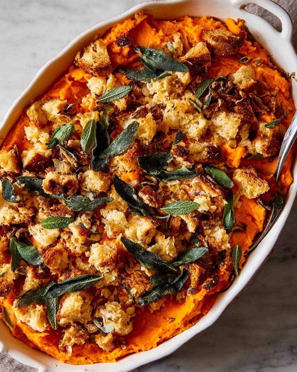 Savory Sweet Potato Casserole with Sage and Parmesan, sweet potato casserole, savory potato side dish, sage and Parmesan recipes, holiday sweet potato side - The image shows an oval white baking dish filled with a layered dish. The bottom layer is smooth and bright orange, likely mashed sweet potatoes. On top, there is a layer of torn, light golden toasted bread pieces scattered evenly. Mixed in with the bread pieces are dark green crispy sage leaves spread throughout the top layer. The dish rests on a white marbled surface. The photo is taken with an iphone --ar 2:3 --v 7