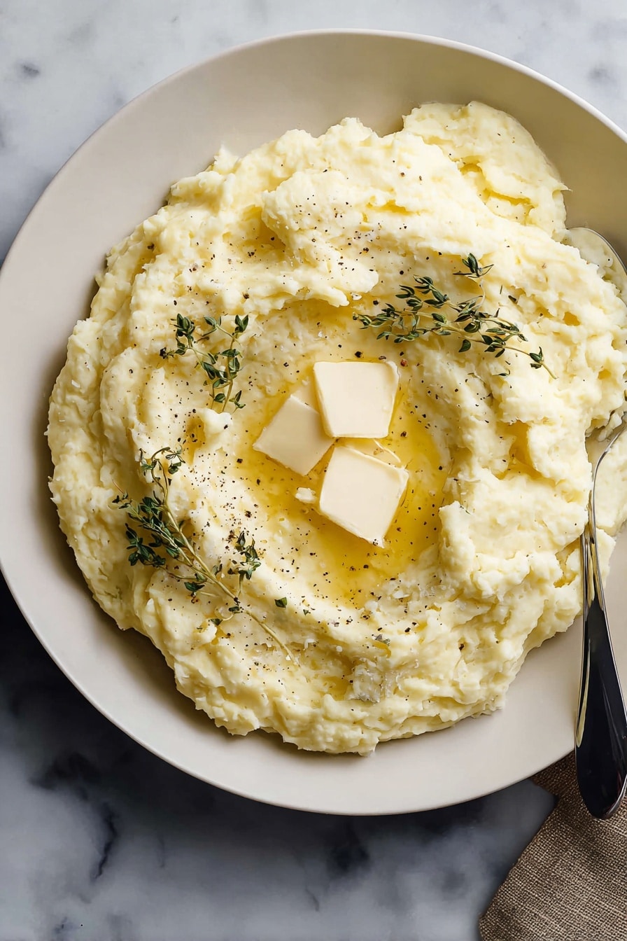 The BEST Mashed Potatoes, creamy mashed potatoes, homemade mashed potato recipe, easy mashed potatoes, ultimate mashed potatoes - A white round plate holds a thick layer of creamy mashed potatoes with a soft, fluffy texture. Two square pats of pale yellow butter sit on top near the center, slightly melting into the potato. Small green sprigs of fresh thyme are scattered across the surface, adding a touch of color. Ground black pepper is lightly sprinkled over the dish. The plate is placed on a white marbled surface, and a silver spoon with a black handle is tucked under the right edge of the plate. Photo taken with an iphone --ar 2:3 --v 7
