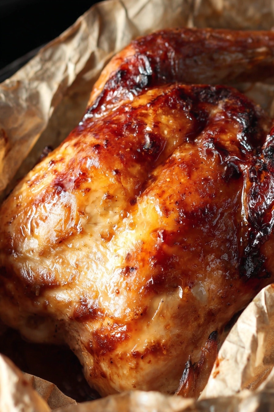 The Best Thanksgiving Turkey, Thanksgiving turkey recipe, juicy roasted turkey, flavorful holiday turkey, easy Thanksgiving turkey - The image shows a close-up of a roasted chicken with a shiny, golden-brown skin that has areas of darker caramelized spots, giving a crispy texture. The chicken is partially wrapped in translucent baking paper that has some browning and slight grease marks. The background is dark, which contrasts with the bright, glossy surface of the chicken skin, highlighting its juicy and well-roasted appearance. photo taken with an iphone --ar 2:3 --v 7