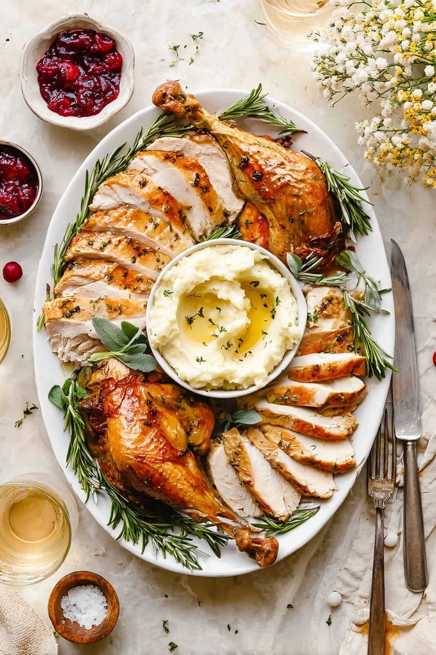 Roasted Herb Butter Turkey, Herb Butter Turkey, Juicy Roast Turkey, Thanksgiving Turkey Recipe, Holiday Turkey - A white scalloped plate holds layers of golden roasted turkey slices arranged in a semi-circle across the top and left side, showing a juicy texture with a light glaze. In the center right, there is a small round bowl filled with creamy white mashed potatoes drizzled lightly with olive oil and sprinkled with herbs. At the bottom right part of the plate, a darker roasted turkey leg rests beside sprigs of fresh green rosemary and thyme, adding green contrast. The plate sits on a white marbled surface with soft natural light enhancing the warm and inviting colors. Photo taken with an iphone --ar 2:3 --v 7