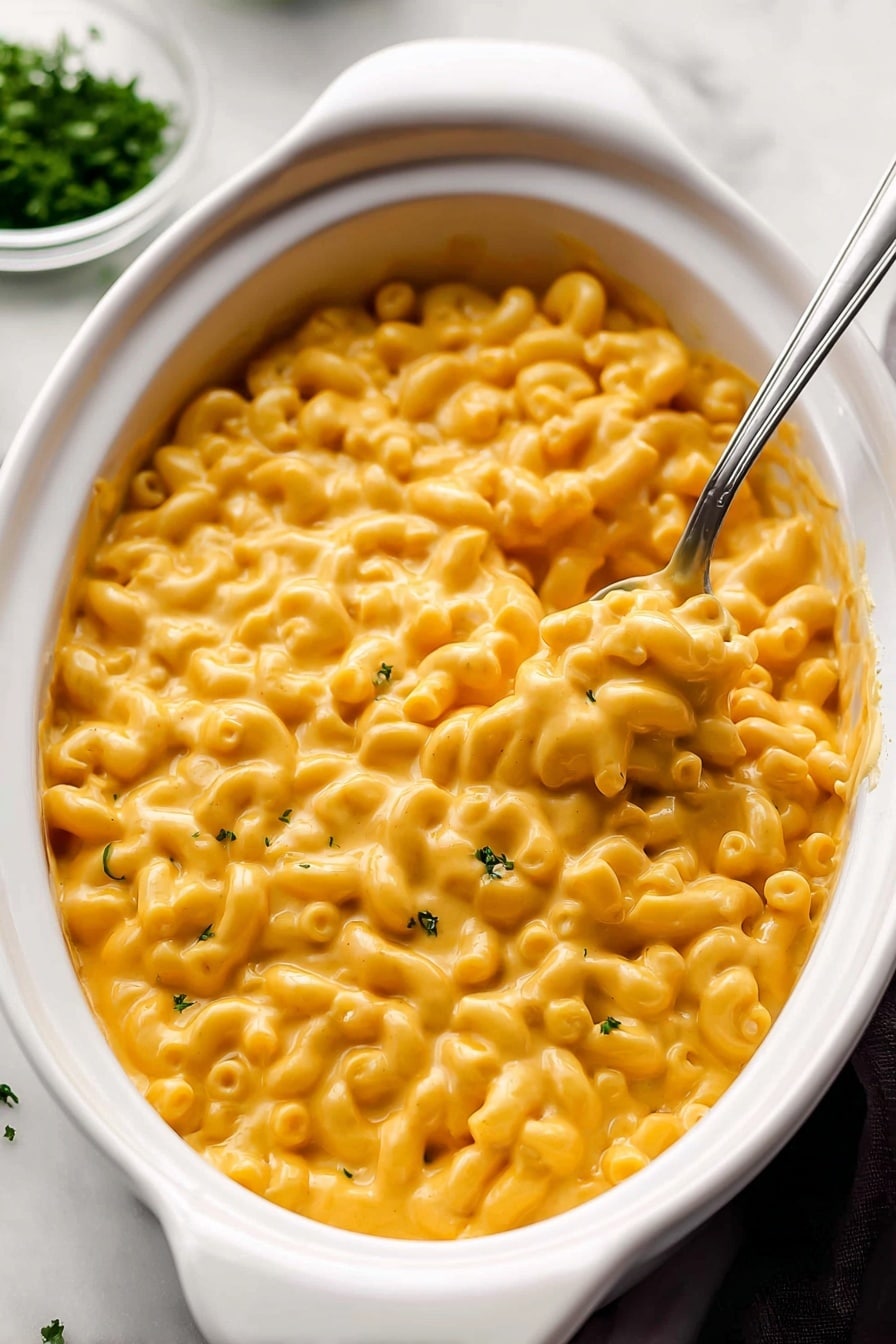 Crock Pot Mac and Cheese, creamy slow cooker mac and cheese, easy crockpot pasta dish, cheesy slow cooker dinner, comfort food mac and cheese - A white oval dish filled with creamy macaroni and cheese, showing one main layer of small elbow pasta coated in a thick, smooth, bright orange cheese sauce. A silver spoon is partly submerged on the right side, lifting some macaroni, with the cheese sauce clinging softly to the pasta and spoon. The dish sits on a white marbled surface, and some chopped green herbs are blurred in a bowl in the top left corner, adding a fresh contrast. Photo taken with an iphone --ar 2:3 --v 7