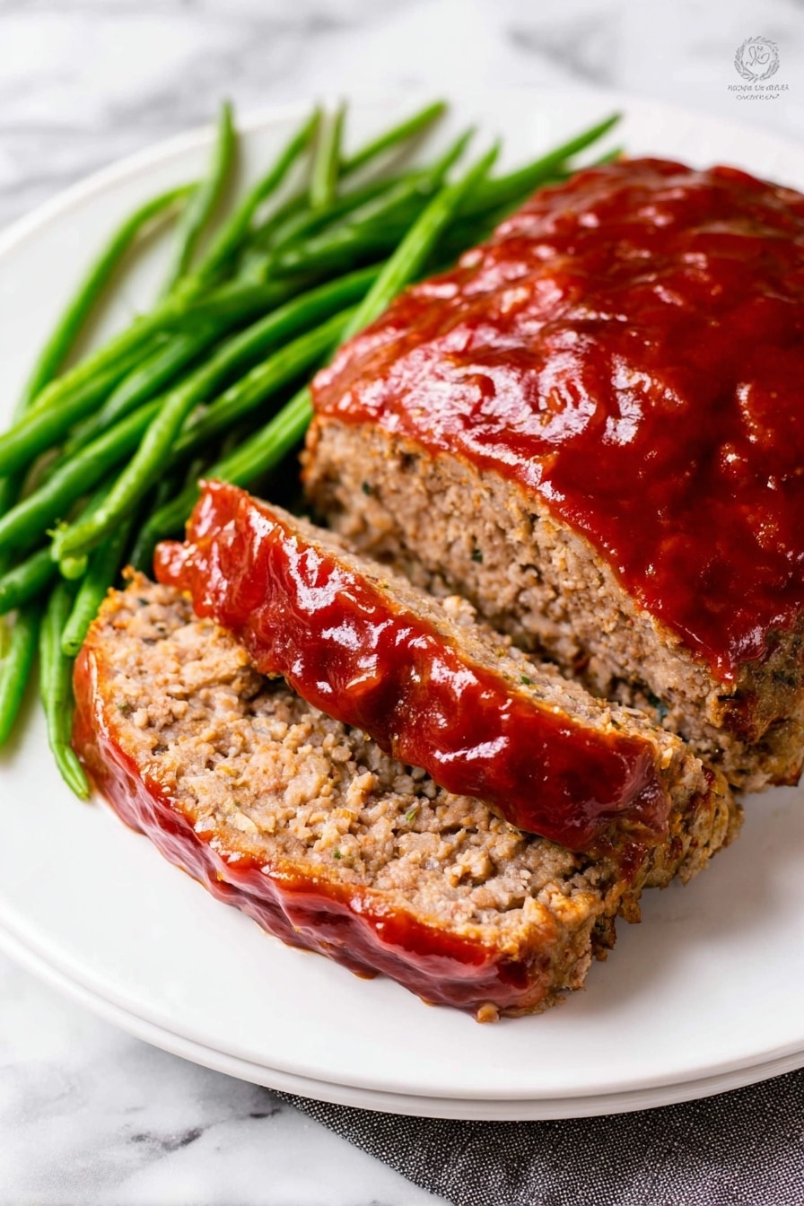 Slow Cooker Meatloaf with Parmesan and Sweet Ketchup Glaze, delicious slow cooker meatloaf, easy comfort food recipes, Parmesan meatloaf recipe, family dinner ideas - A white plate holds a meatloaf with a glossy, shiny red sauce spread thickly on top, covering the entire top layer. The meatloaf is sliced in the front, showing two cut layers underneath the sauce. To the sides of the meatloaf are bright green, thin green beans arranged in small bunches. The plate sits on a white marbled surface. photo taken with an iphone --ar 2:3 --v 7