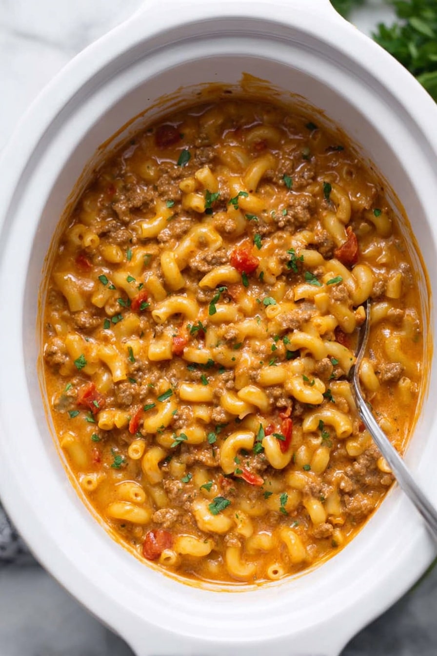 Healthy Slow Cooker Hamburger Helper, Healthy Hamburger Helper, Easy nutritious dinner, Slow cooker family meal, Wholesome comfort food - A close-up view of a creamy macaroni dish in a white bowl on a white marbled surface, showing about two layers of elbow macaroni pasta and ground meat mixed in a thick, orange-colored sauce with small pieces of red bell pepper and bits of herbs sprinkled on top, giving texture and color contrast with green specks scattered throughout; a silver spoon rests inside the bowl. photo taken with an iphone --ar 2:3 --v 7