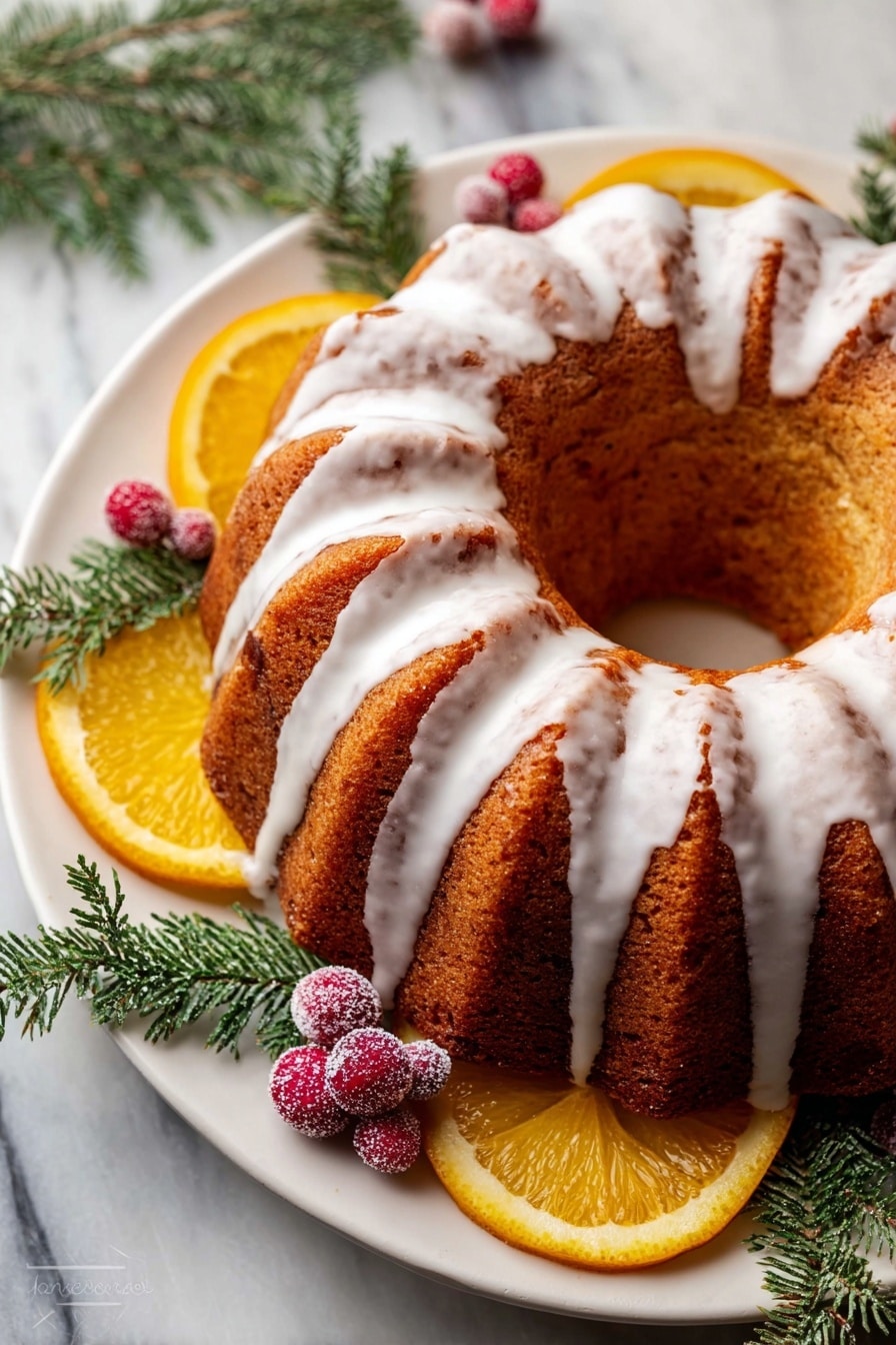 Cranberry Orange Bundt Cake, easy holiday cake, festive citrus dessert, moist cranberry cake, flavorful orange bread - A single-layer bundt cake with a golden brown color and smooth texture is shown on a white plate. The cake is drizzled with white icing that flows down the ridges. Around the cake on the plate are fresh orange slices, small red sugared berries, and green fir branches for decoration. The setting is on a white marbled surface. photo taken with an iphone --ar 2:3 --v 7