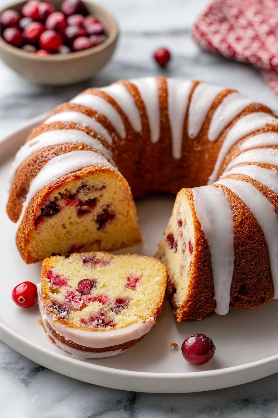 Cranberry Orange Bundt Cake, easy holiday cake, festive citrus dessert, moist cranberry cake, flavorful orange bread - A close-up view of a single slice of bundt cake held on a cake server above a white plate. The cake has one thick layer with a soft, golden yellow crumb mixed with bright red berries and brown cinnamon swirl spots. The outside has a light brown crust, and the top is covered with a smooth white glaze that drips down the sides. In the background, the rest of the round bundt cake with matching glaze is visible on the white plate, which sits on a white marbled surface with a light pink cloth nearby. Photo taken with an iphone --ar 2:3 --v 7