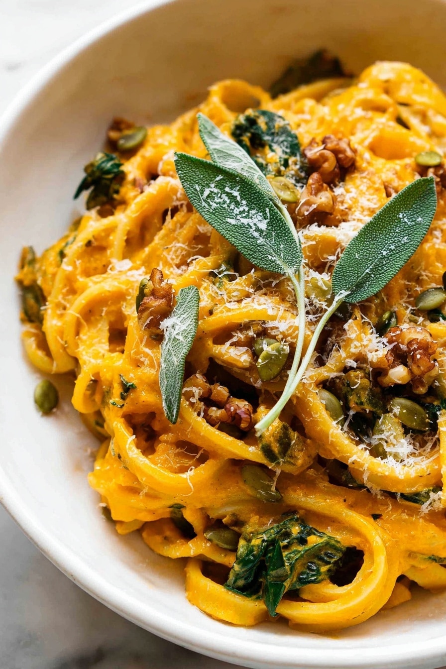 Pumpkin Pasta, Creamy Pumpkin Pasta, Fall Pasta Recipes, Pumpkin Dinner Ideas, Easy Pumpkin Pasta - This image shows a white bowl filled with three layers of thick, yellowish pasta noodles coated in a creamy orange sauce. On top of the pasta are scattered pieces of green wilted spinach, small brown walnut chunks, green pumpkin seeds, and a light sprinkling of grated cheese. Bright green fresh sage leaves are placed as garnish, adding a touch of freshness and texture. Everything sits on a white marbled surface, with the close-up showing the creamy texture of the sauce and detailed toppings. Photo taken with an iphone --ar 2:3 --v 7