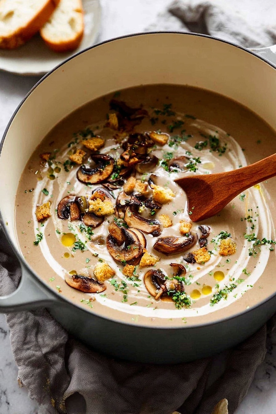 Creamy Mushroom Soup with Croutons and Fresh Herbs, mushroom soup recipes, hearty mushroom soup, comforting soup with herbs, easy mushroom soup - A light brown creamy soup fills a white pot, topped with thin dark brown mushroom slices, small golden brown croutons, and bright green fresh herbs scattered across the surface. Light swirls of white cream and a few small drops of golden oil add texture on top. A wooden spoon rests inside the pot, partially submerged in the soup, all placed on a soft gray cloth over a white marbled surface. In the blurry background, a slice of bread and butter on a white plate can be seen. Photo taken with an iphone --ar 2:3 --v 7