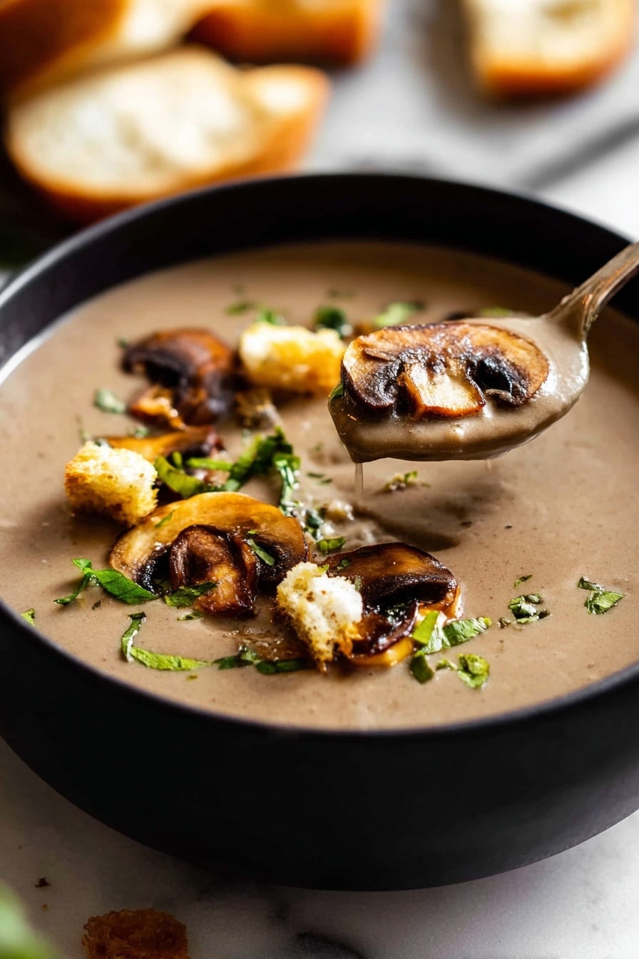 Creamy Mushroom Soup with Croutons and Fresh Herbs, mushroom soup recipes, hearty mushroom soup, comforting soup with herbs, easy mushroom soup - A black bowl filled with creamy brown mushroom soup, topped with golden brown sliced mushrooms, small crispy croutons, and fresh green herbs. A silver spoon with some soup and mushrooms is dipped in the bowl, showing the smooth texture of the soup. The background includes pieces of bread blurred out on a white marbled surface. photo taken with an iphone --ar 2:3 --v 7
