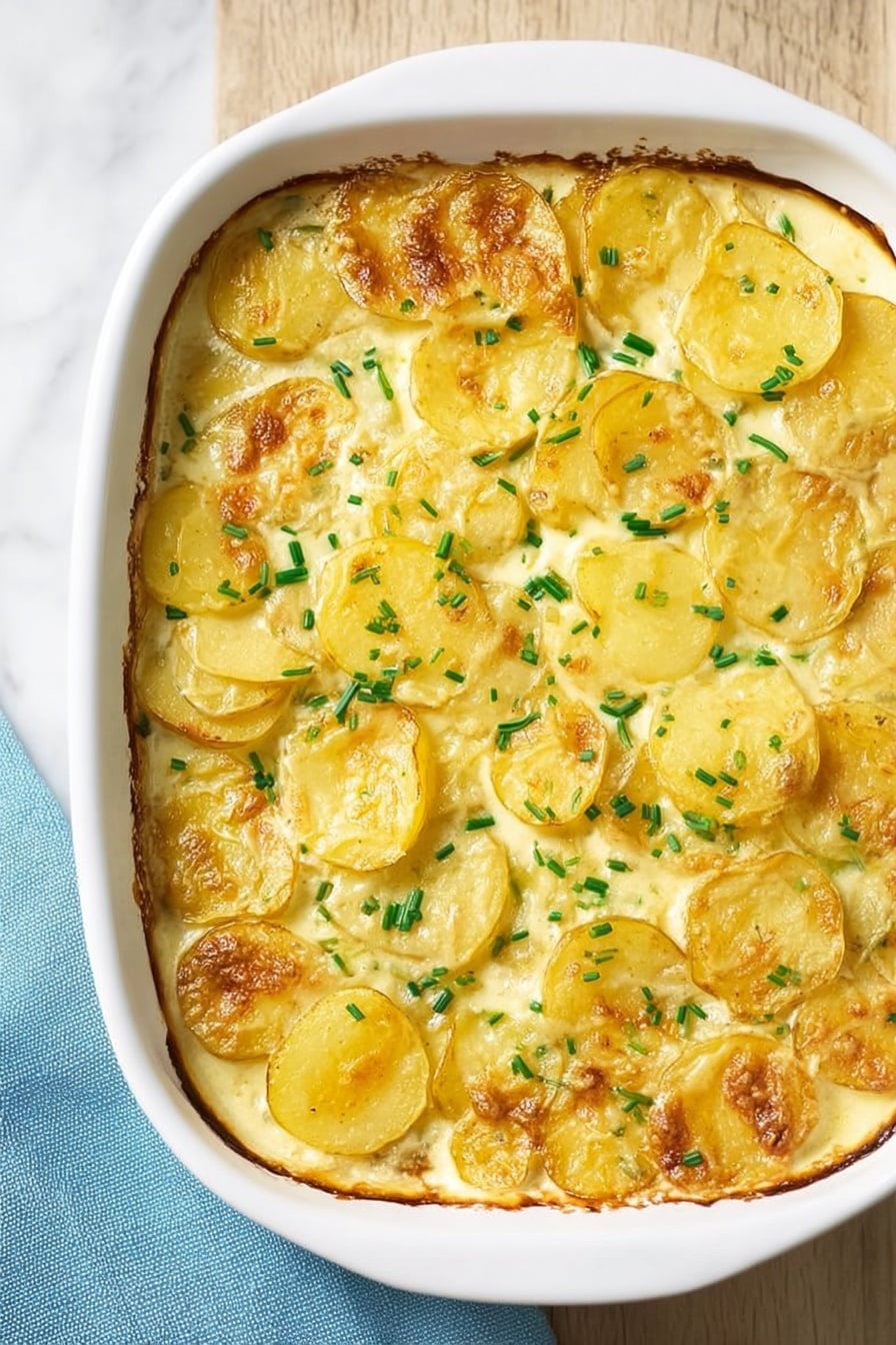 Vegan Scalloped Potatoes, vegan potato casserole, dairy-free scalloped potatoes, plant-based comfort food, vegan potato dishes - The image shows a white baking dish filled with a layered potato casserole. The dish has one main layer composed of thin, round slices of golden-yellow potatoes lightly browned on top, giving a slightly crispy texture. The potatoes are embedded in a creamy, pale yellow sauce that fills the spaces in between, creating a soft and smooth background. Small green chives are sprinkled evenly across the top, adding bright color contrast. The dish is placed on a white marbled surface with part of a light blue cloth visible on the left side. photo taken with an iphone --ar 2:3 --v 7
