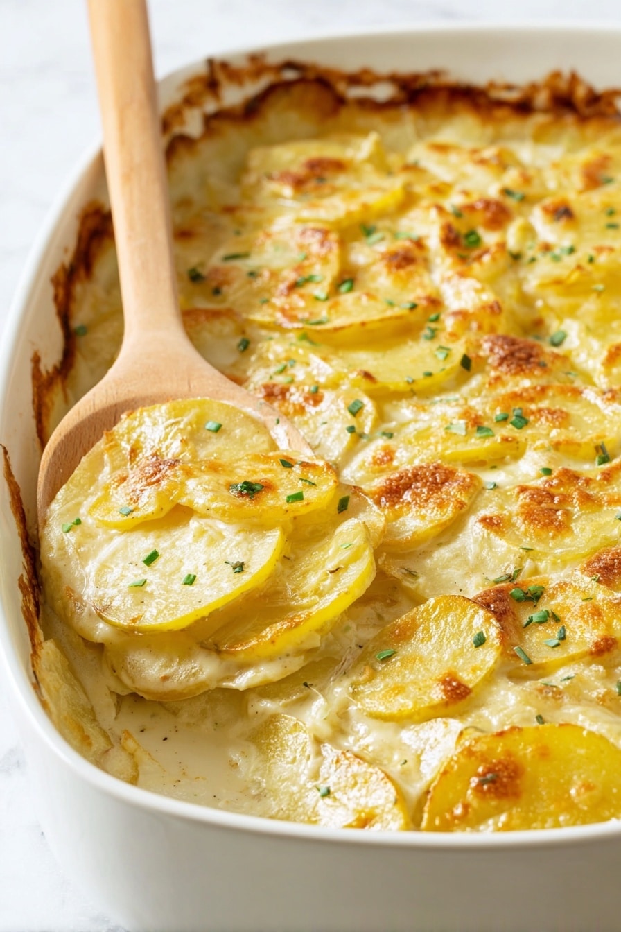 Vegan Scalloped Potatoes, vegan potato casserole, dairy-free scalloped potatoes, plant-based comfort food, vegan potato dishes - A close-up view of a wooden spoon lifting a layered potato dish from a white bowl sitting on a white marbled surface. The dish has several layers of thin potato slices, each with a golden-brown crispy edge and creamy pale yellow sauce between them. Small green chopped herbs are sprinkled on the potatoes, adding a touch of color. The texture looks soft and creamy inside, with a slightly crunchy top layer. photo taken with an iphone --ar 2:3 --v 7