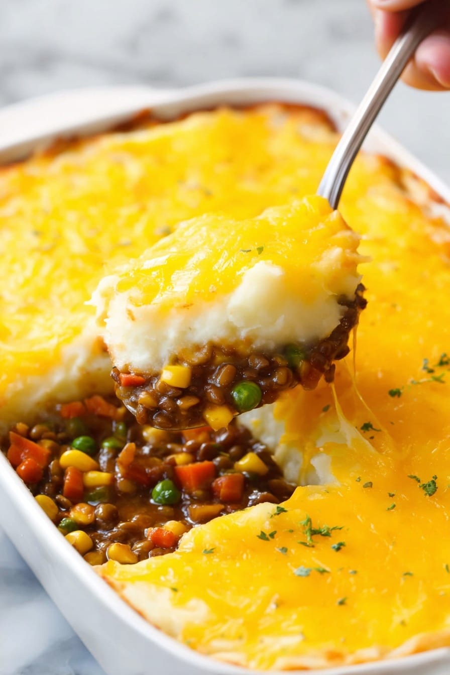 Lentil Shepherd’s Pie with Cheesy Mashed Potatoes, vegan shepherd’s pie, hearty lentil casserole, cheesy mashed potato topping, plant-based comfort food - The dish is a layered casserole in a white dish, with three clear layers. The top layer is bright yellow melted cheese, covering the entire surface smoothly. Below this is a thick white layer of mashed potatoes, soft and creamy in texture. The bottom layer is a rich mix of lentils, corn, green peas, and diced carrots, all in a thick, brown sauce. A spoon is lifting a portion, showing the distinct layers, and a woman's hand holds the spoon from the right side. The dish is set on a white marbled surface. Photo taken with an iphone --ar 2:3 --v 7
